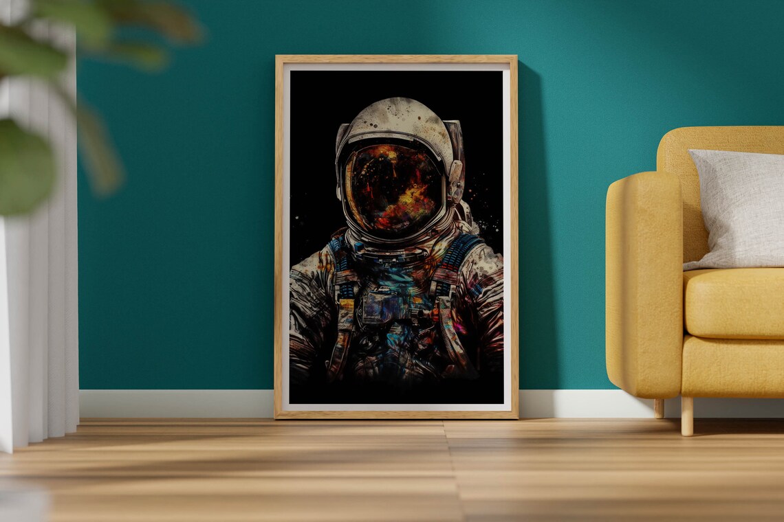 Astronaut Portrait Oil Painting Poster Vibrant Gold Visor Space Artwork - Image 2