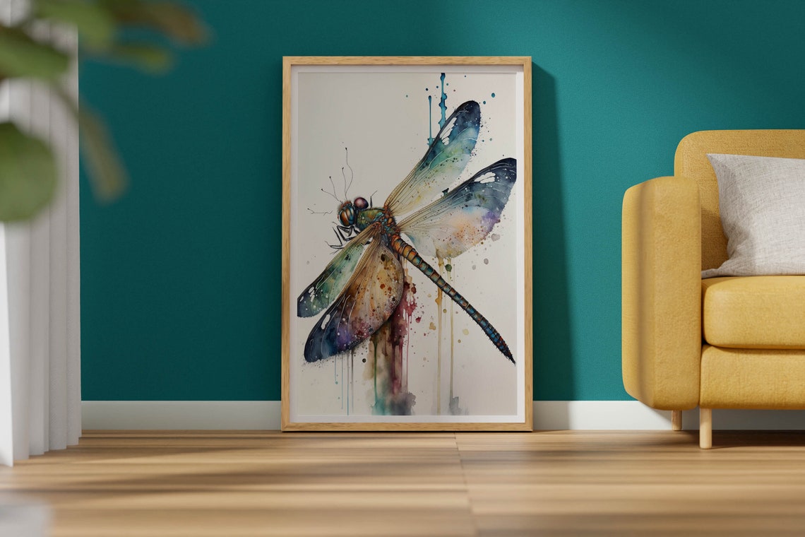 Watercolor Dragonfly Poster With Colorful Wings Paint Splash Art - Image 2