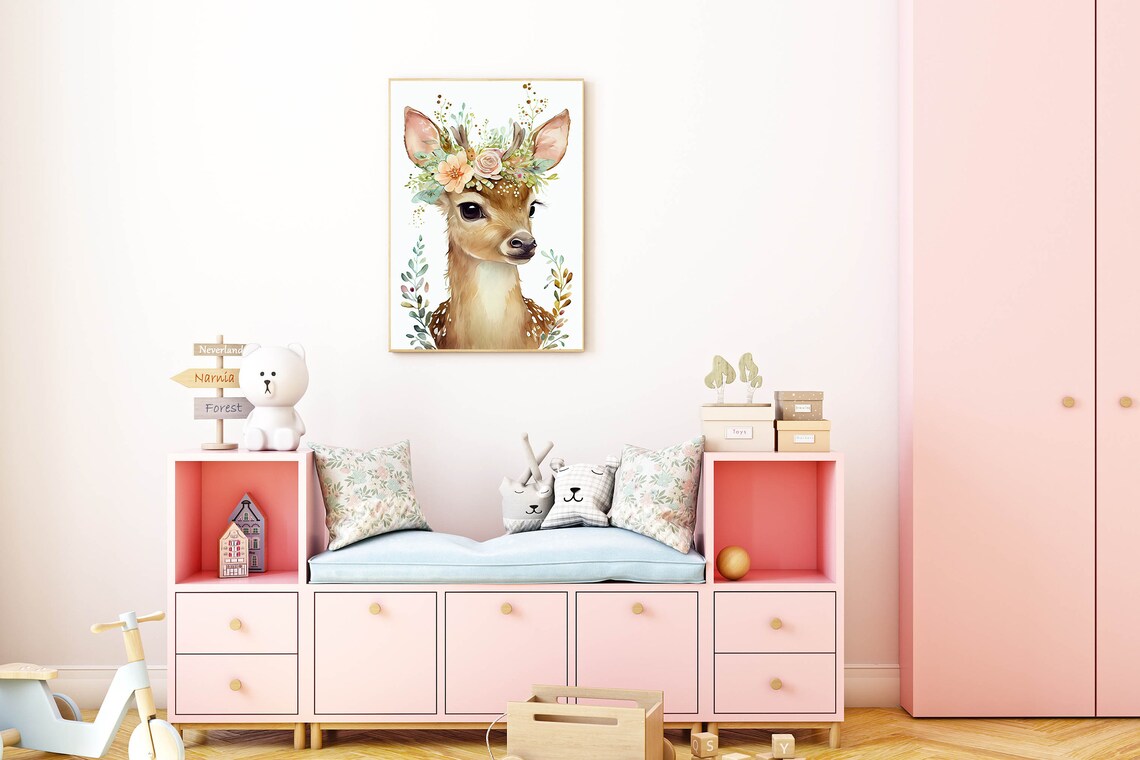Baby Deer Watercolor Nursery Poster Floral Crown Woodland Animal Artwork - Image 2