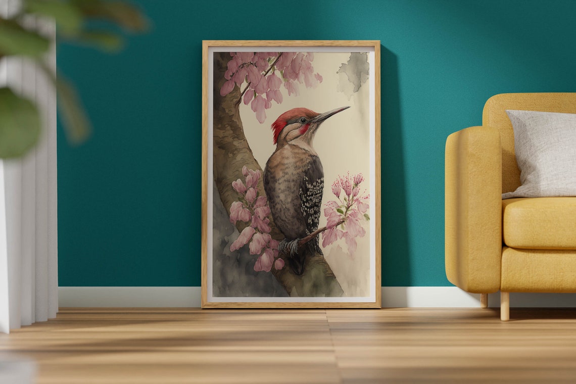 Woodpecker Watercolor Poster Red Crested Bird Cherry Blossom Art - Image 2