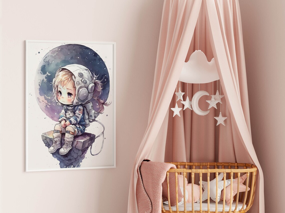 Baby Astronaut Girl Watercolor Nursery Print Moon Space Kids Room Decor - Image 2