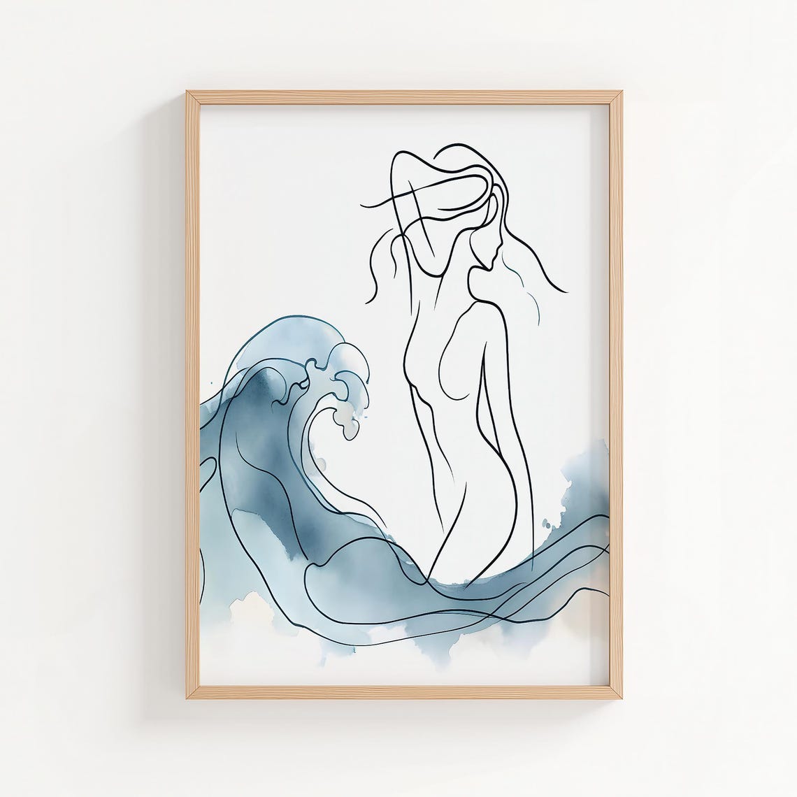 Minimalist Female Line Art With Blue Ocean Wave Watercolor Poster
