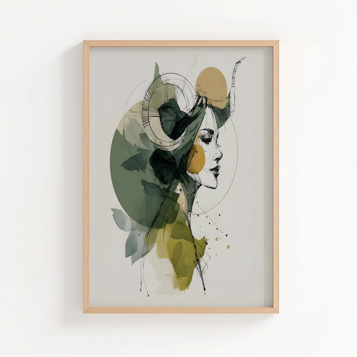 Taurus Zodiac Woman Profile With Horns Olive Watercolor Poster