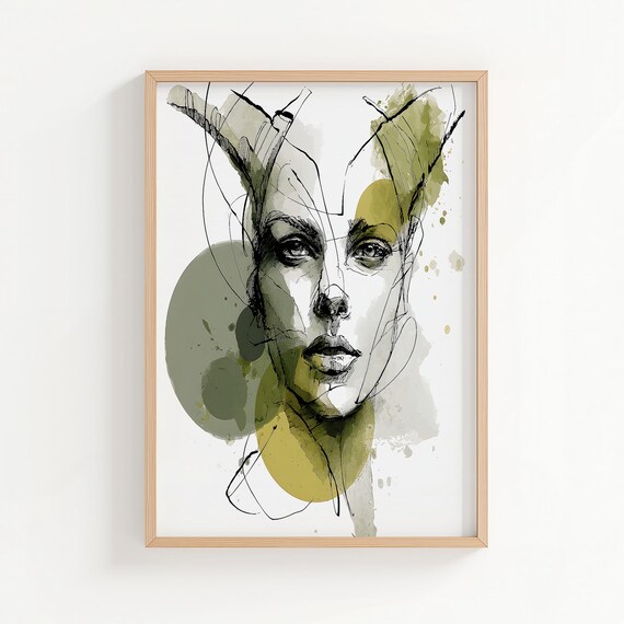 Capricorn Zodiac Abstract Woman Face Line Drawing Olive Art Poster