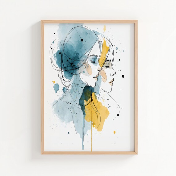 Gemini Zodiac Twin Women Blue Gold Watercolor Astrology Poster