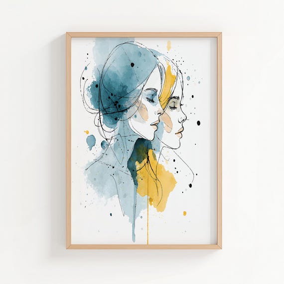 Gemini Zodiac Watercolor Art Print Modern Astrological Twins Portrait For Home Decor