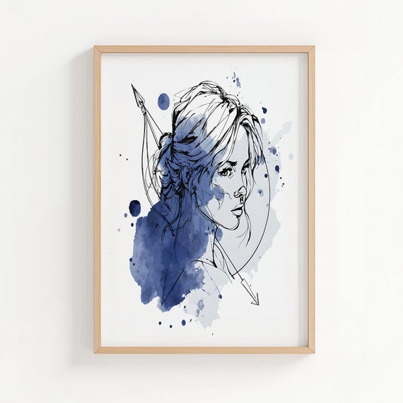 Sagittarius Zodiac Watercolor Art Print Blue Astrology Archer Poster Wall Decor