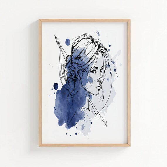 Sagittarius Zodiac Woman With Bow Arrow Blue Watercolor Poster