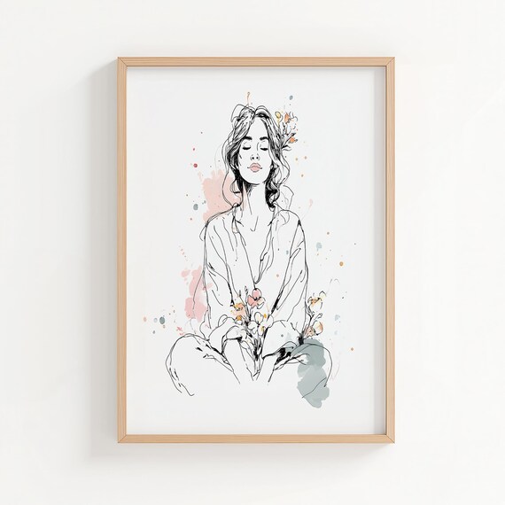 Woman Meditation Pose Ink Sketch Botanical Watercolor Art Poster
