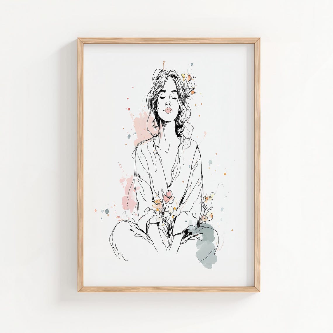 Serene Meditation Line Art Botanical Yoga Wall Decor Mindfulness Illustration