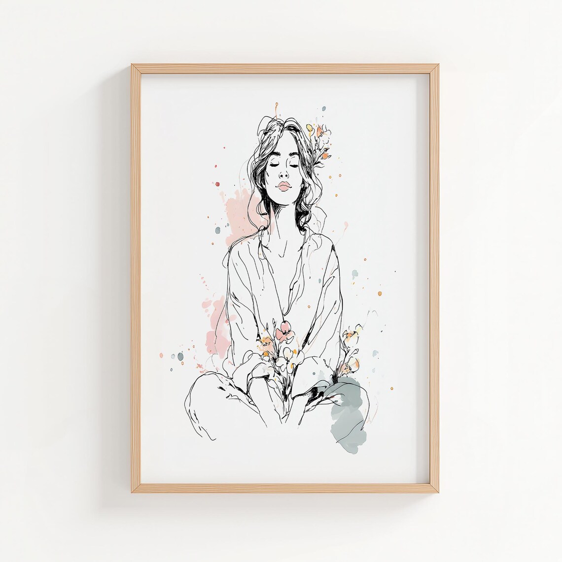 Woman Meditation Pose Ink Sketch Botanical Watercolor Art Poster