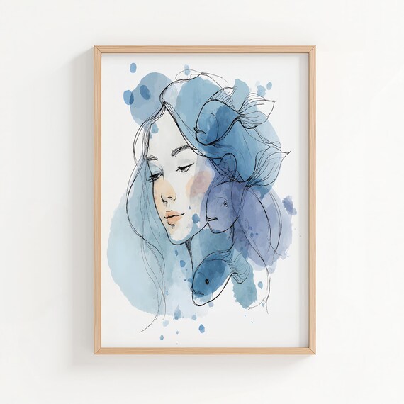 Pisces Zodiac Woman With Fish Blue Watercolor Astrology Poster
