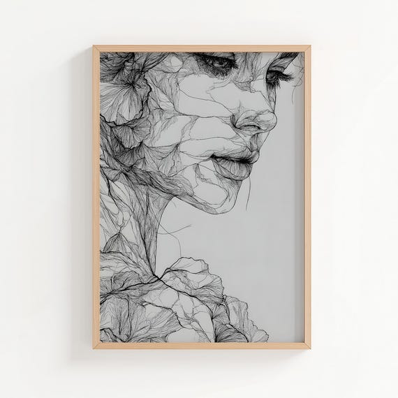 Minimalist Botanical Female Portrait Line Art Print Floral Face Drawing Wall Decor Modern Illustration