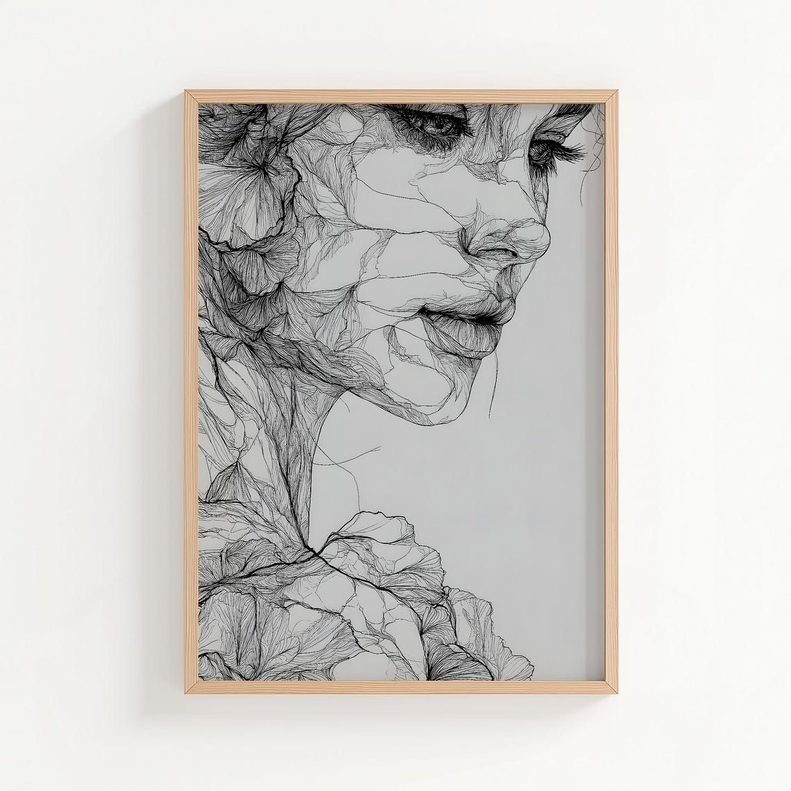 Minimalist Botanical Female Portrait Line Art Print Floral Face Drawing Wall Decor Modern Illustration