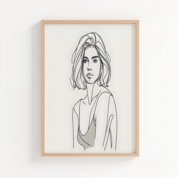 Wavy Hair Woman Line Art Portrait Modern Minimalist Face Drawing Poster