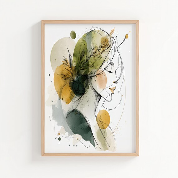 Virgo Zodiac Abstract Woman Profile Olive Gold Watercolor Poster