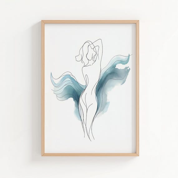Minimalist Blue Watercolor Female Silhouette Wall Art Print Abstract Line Drawing