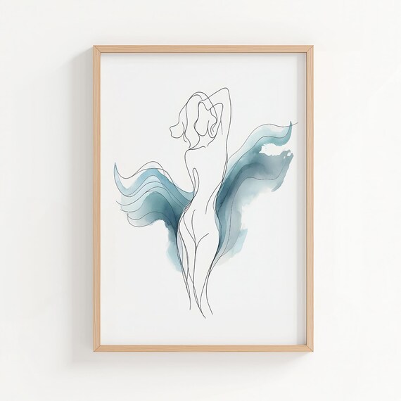 Minimalist Nude Woman Line Art With Teal Watercolor Wings Poster