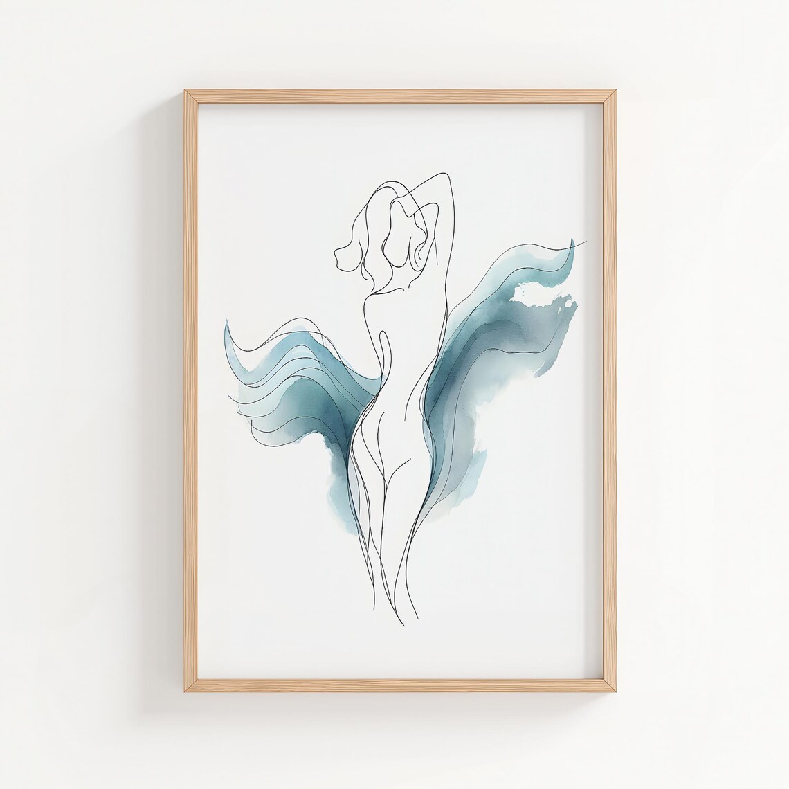 Minimalist Nude Woman Line Art With Teal Watercolor Wings Poster