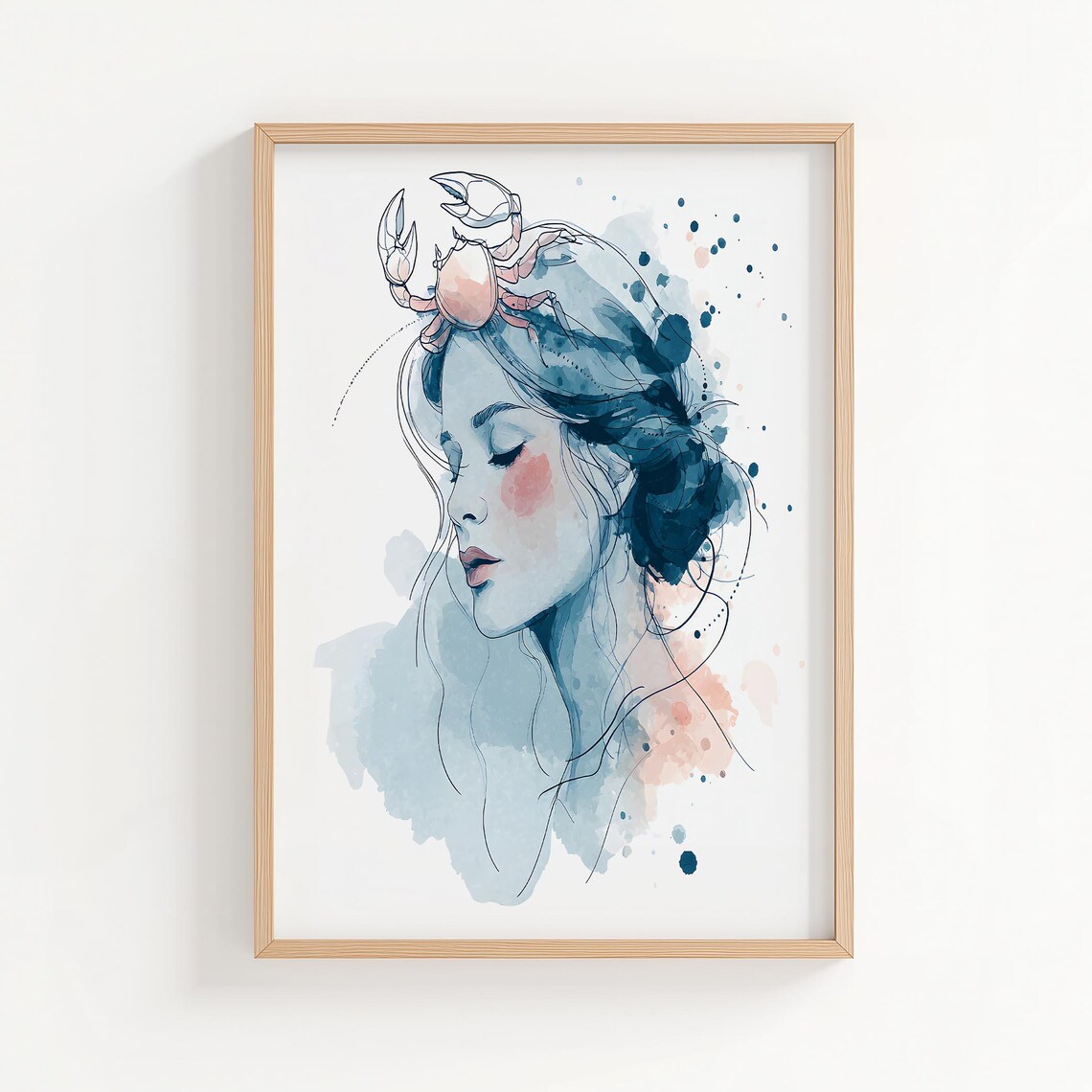 Cancer Zodiac Woman Portrait With Crab Blue Watercolor Art Poster