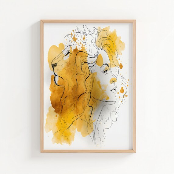 Leo Zodiac Woman Merging With Lion Gold Watercolor Astrology Poster