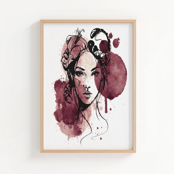 Mystical Scorpio Woman Watercolor Portrait Celestial Astrology Wall Art Burgundy Print