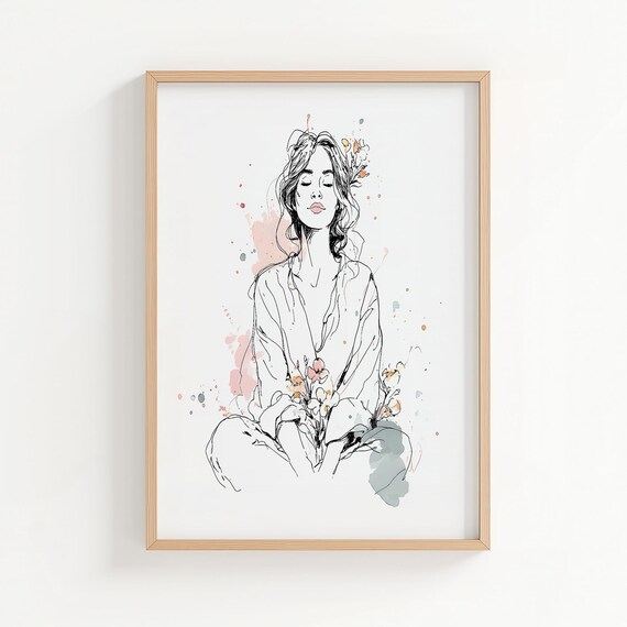 Peaceful Woman Watercolor Yoga Sketch Floral Botanical Mindfulness Poster