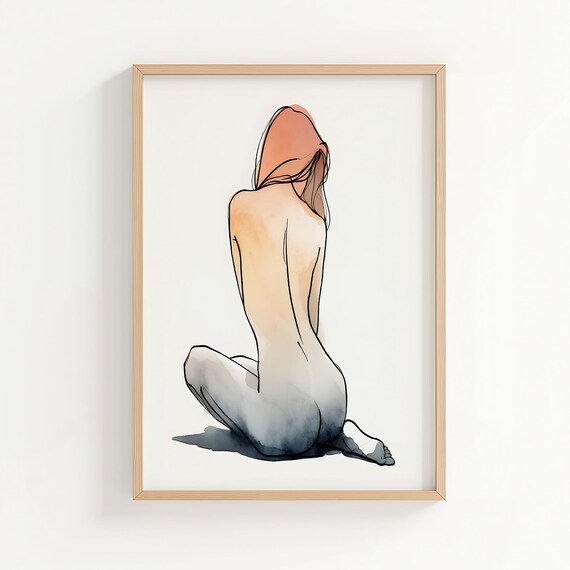 Minimalist Nude Woman Kneeling Back View Watercolor Line Poster