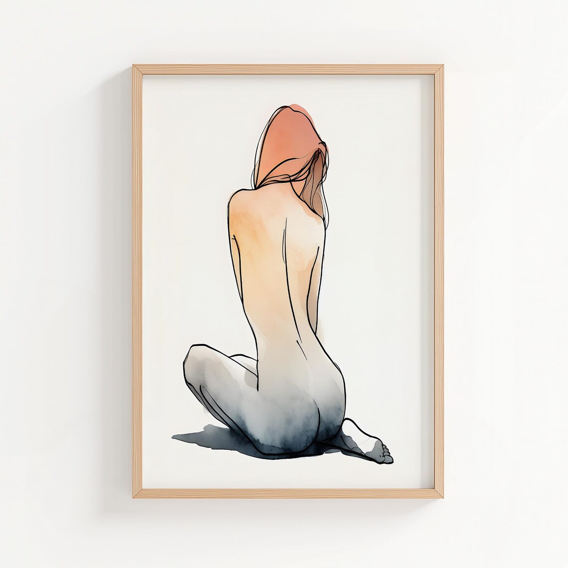Minimalist Nude Woman Kneeling Back View Watercolor Line Poster
