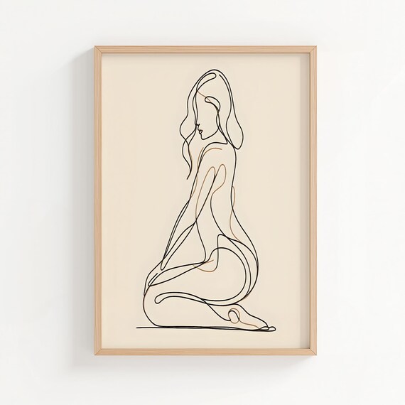 Minimalist Single Line Kneeling Female Figure Art Drawing Poster