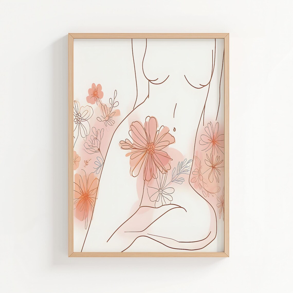 Female Figure Floral Line Art Blush Botanical Nude Woman Poster