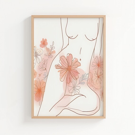Female Figure Floral Line Art Blush Botanical Nude Woman Poster
