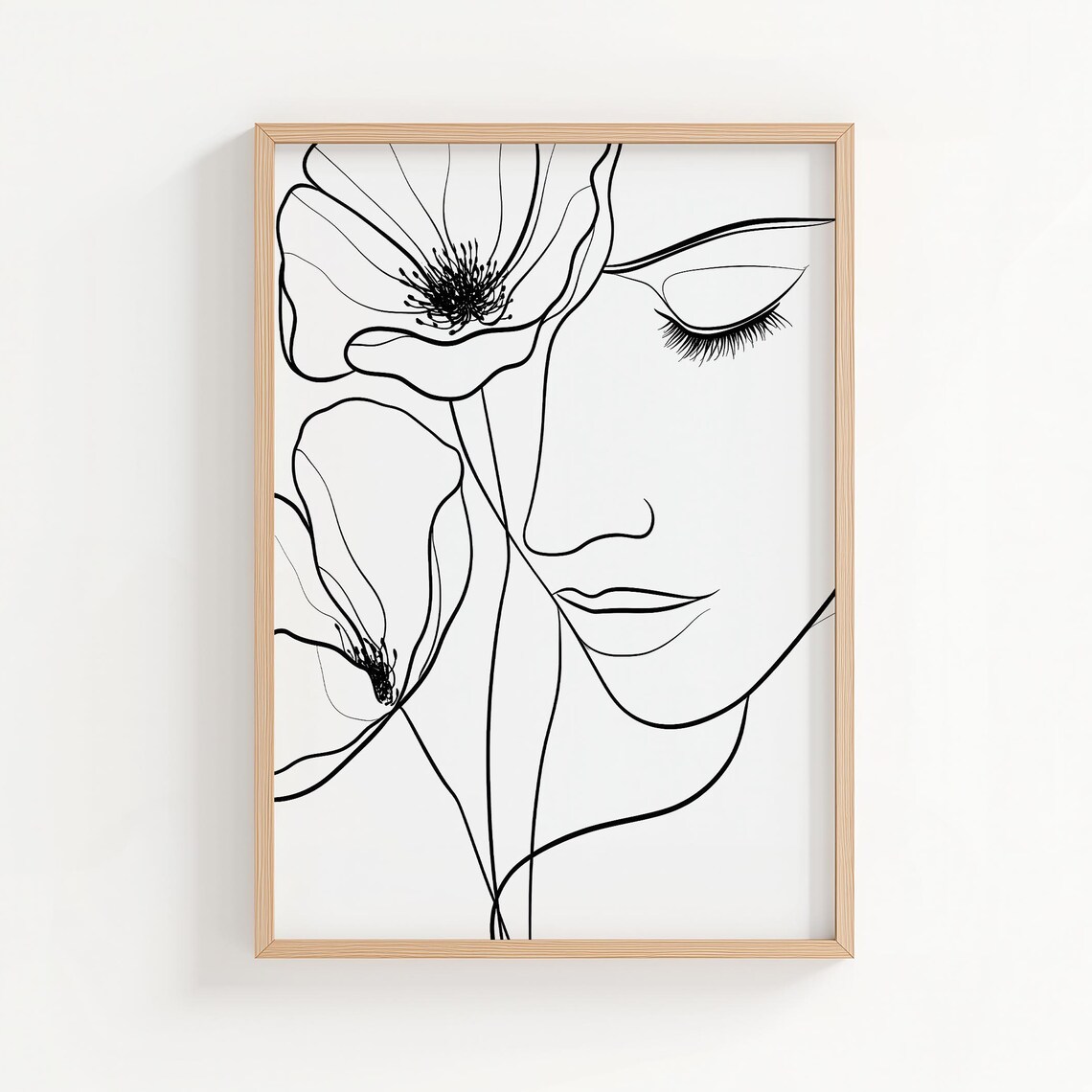 Woman Face Poppies Black Line Art Minimalist Botanical Face Poster