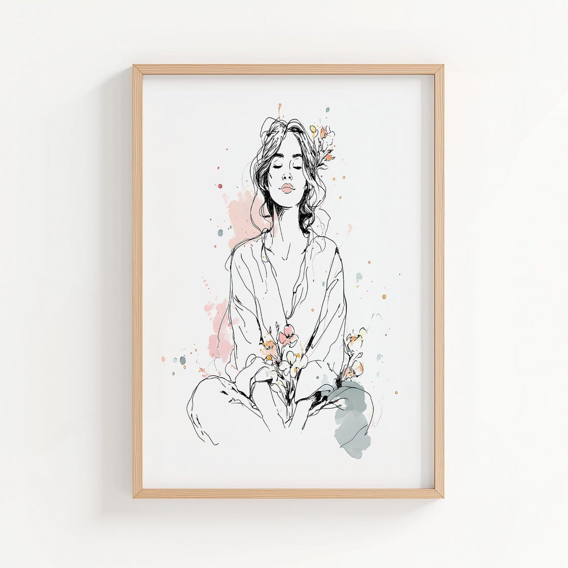 Meditating Woman Watercolor Line Art Floral Yoga Mindfulness Poster