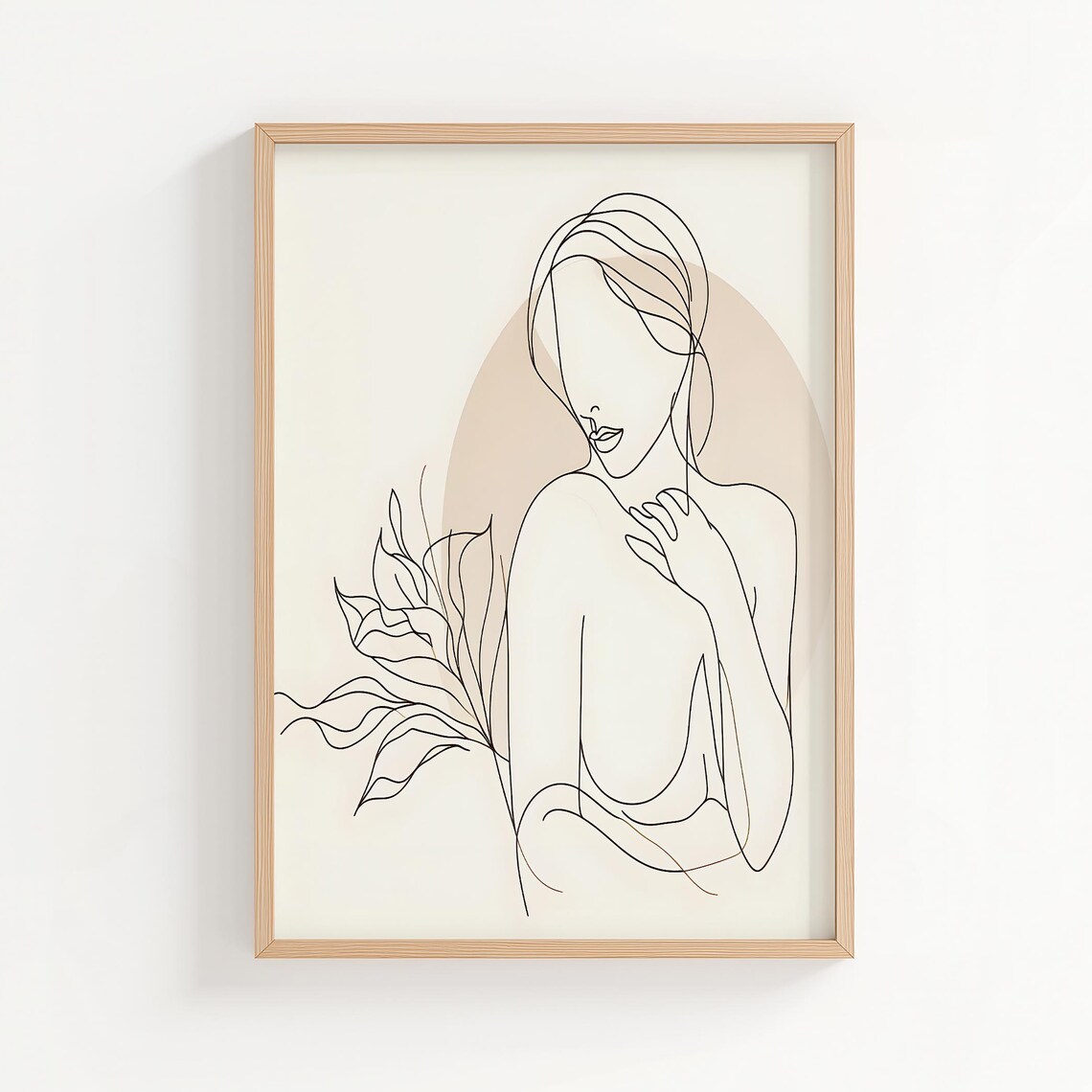 Minimalist Woman Line Art With Botanical Leaves Beige Arch Poster