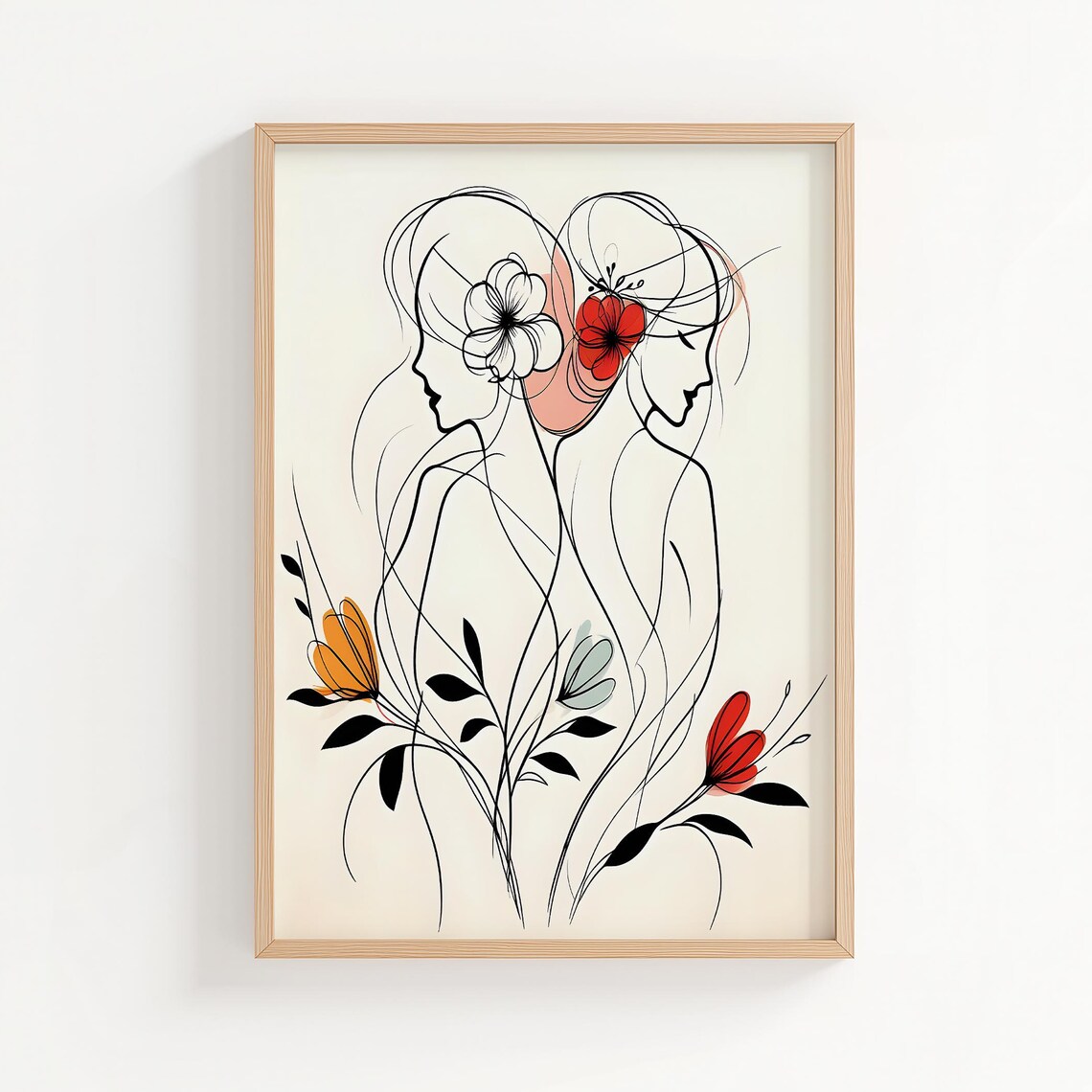 Two Women Silhouette Floral Line Art Elegant Feminine Poster