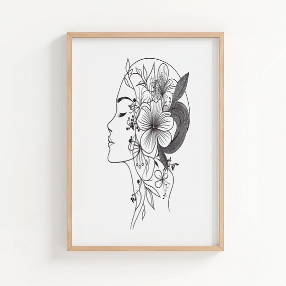 Elegant One Line Art Woman Profile Minimalist Hibiscus Tropical Flower Wall Black White Female Face Home Decor