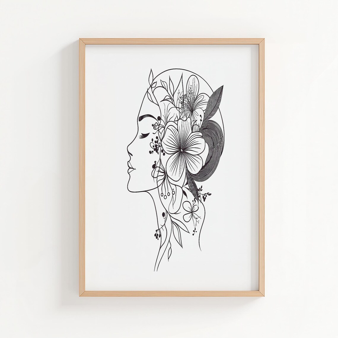 Woman Profile Hibiscus Floral One Line Art Black White Face Poster