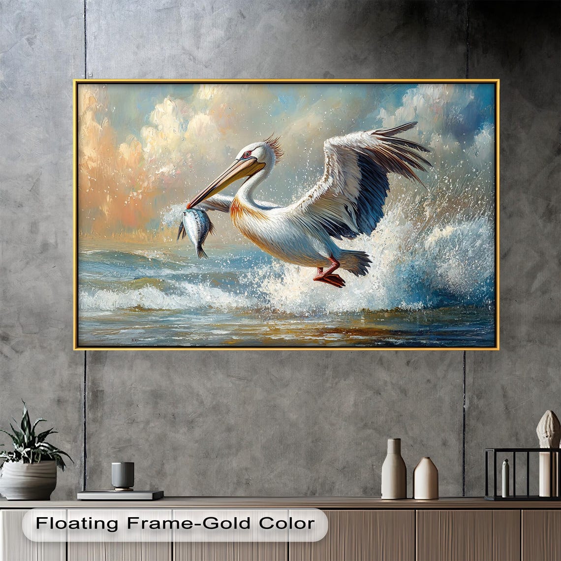 Pelican Catching Fish, Coastal Wildlife Scene