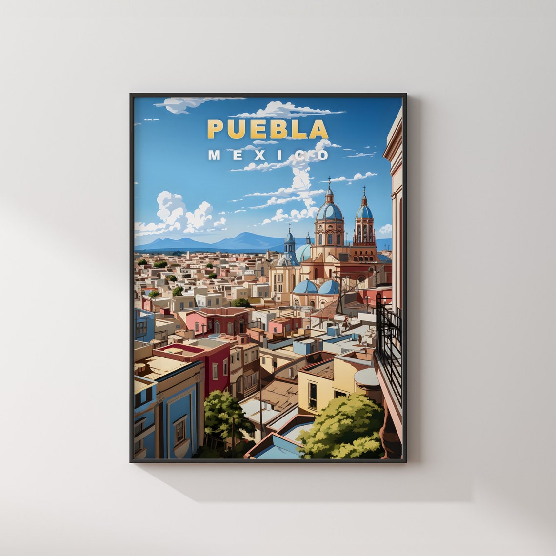 Puebla Mexico Blue Dome Cathedral Cityscape View Travel Poster - Image 2