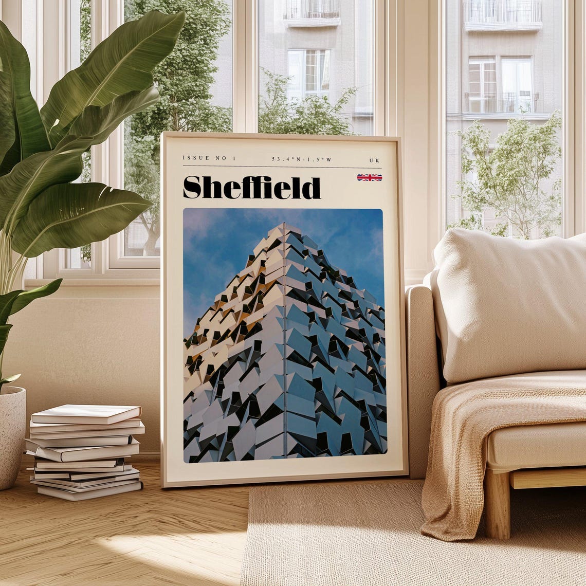 Sheffield UK Vintage Travel Poster Geometric Diamond Facade Tower