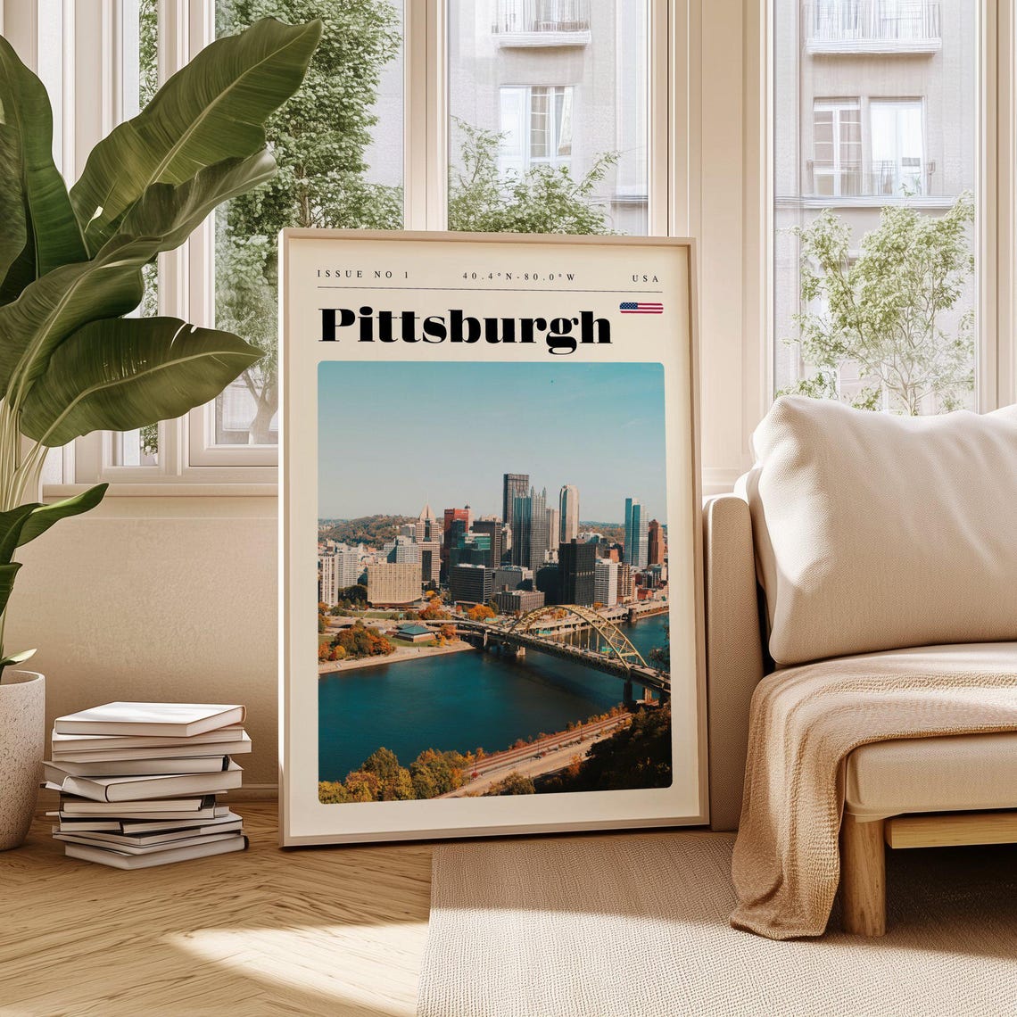Pittsburgh Skyline River Bridge Downtown Modern Travel Poster