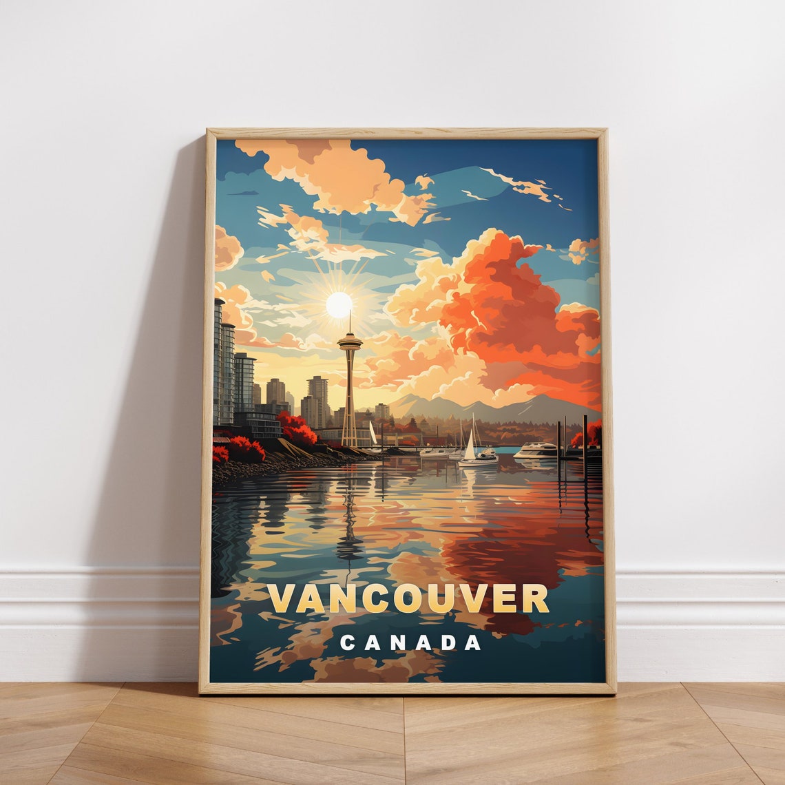 Vancouver Canada Harbor Sailboats Needle Tower Sunset Travel Poster