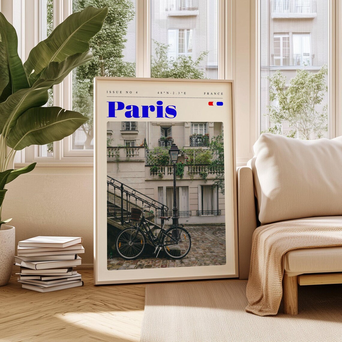 Paris France Charming Cobblestone Street Bicycle Travel Poster Art