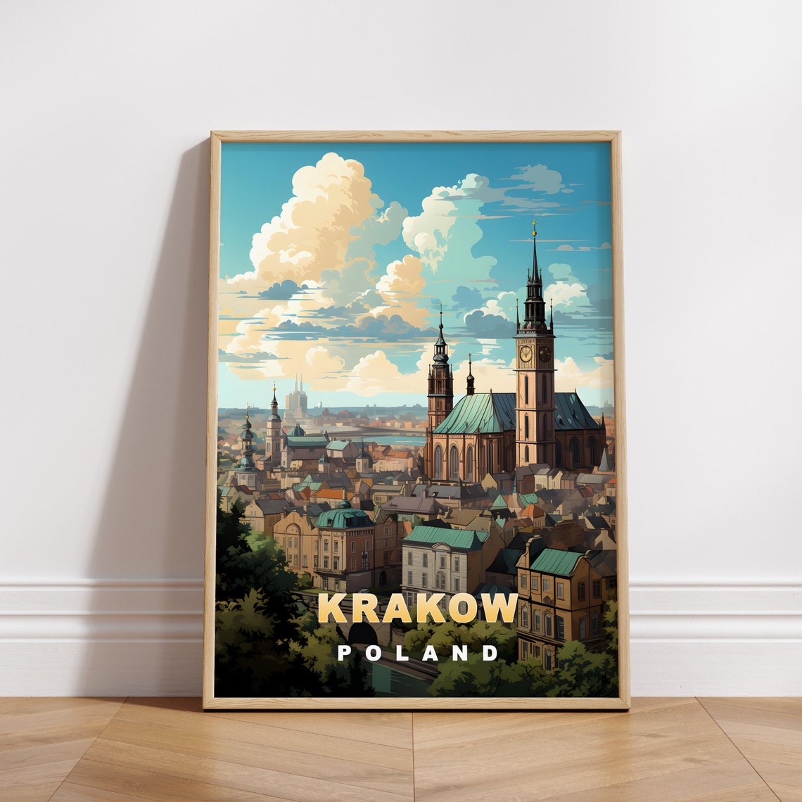 Krakow Poland Retro Travel Poster Cathedral Old Town Skyline View