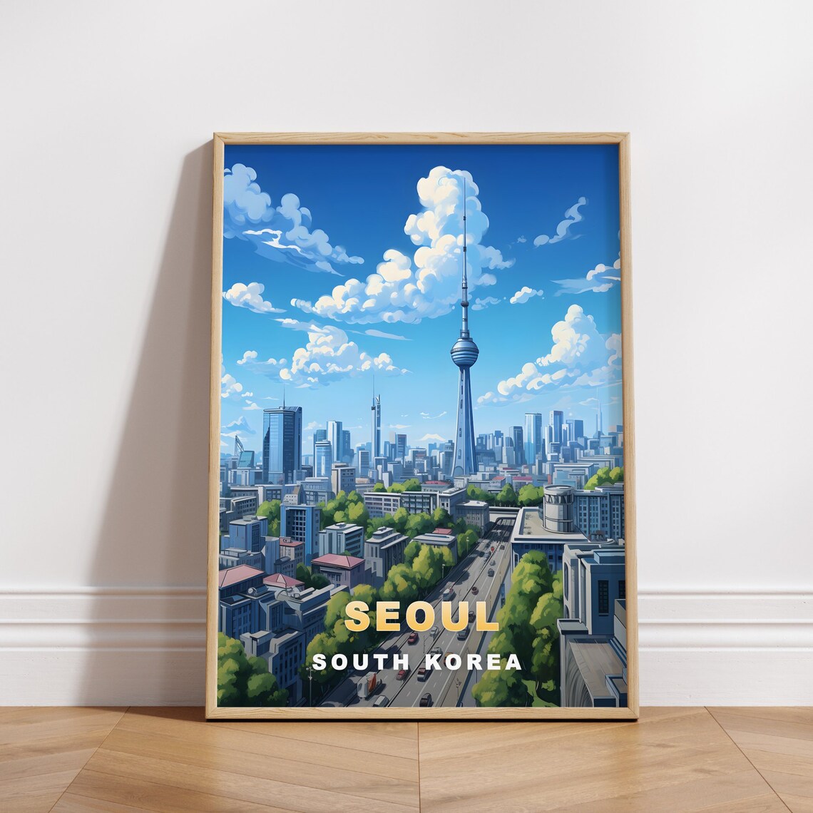 Seoul South Korea Tower Skyline Avenue Vintage Travel Poster