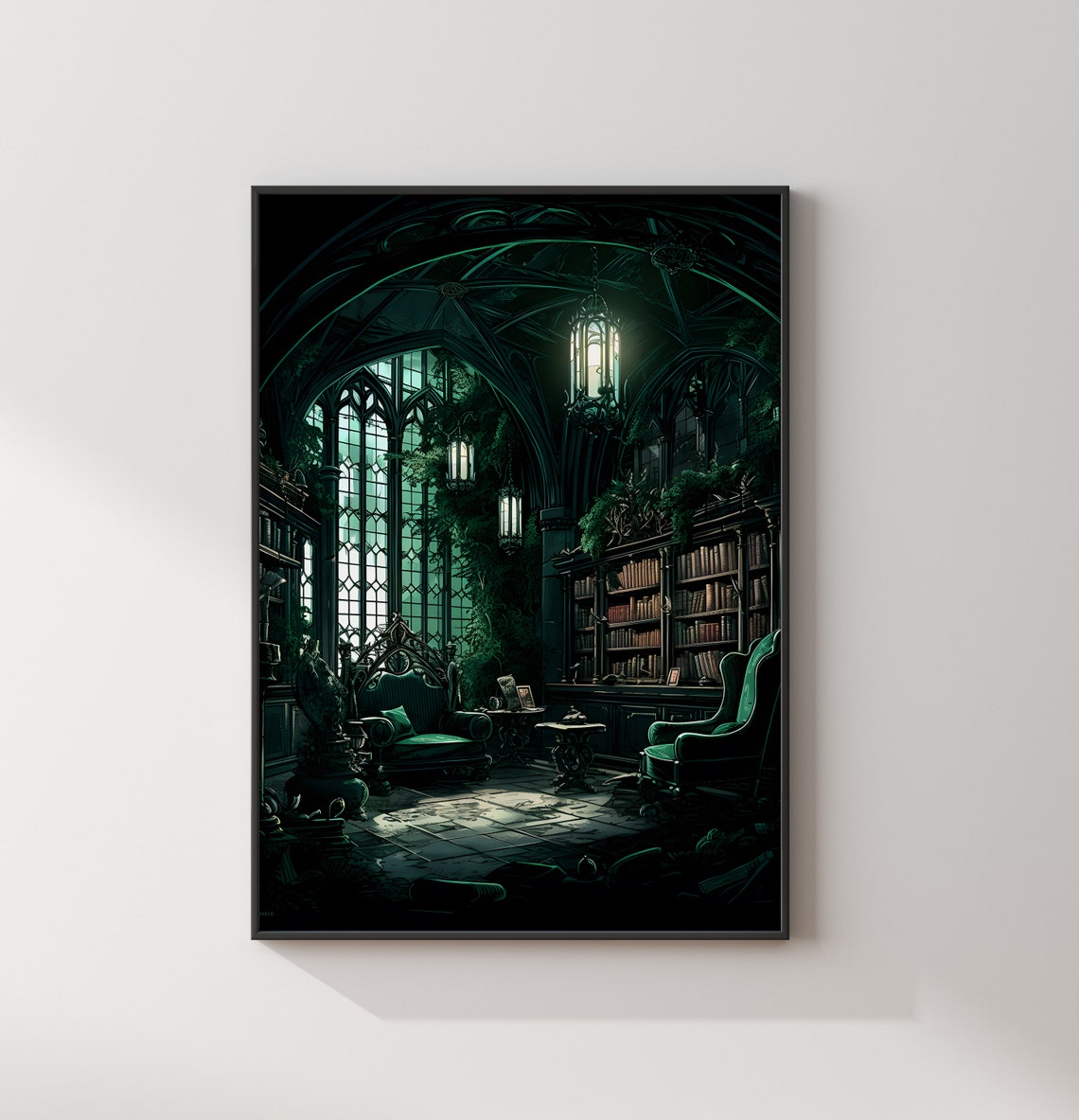 Slytherin Common Room Green Gothic Library Wizard Art Poster - Image 2