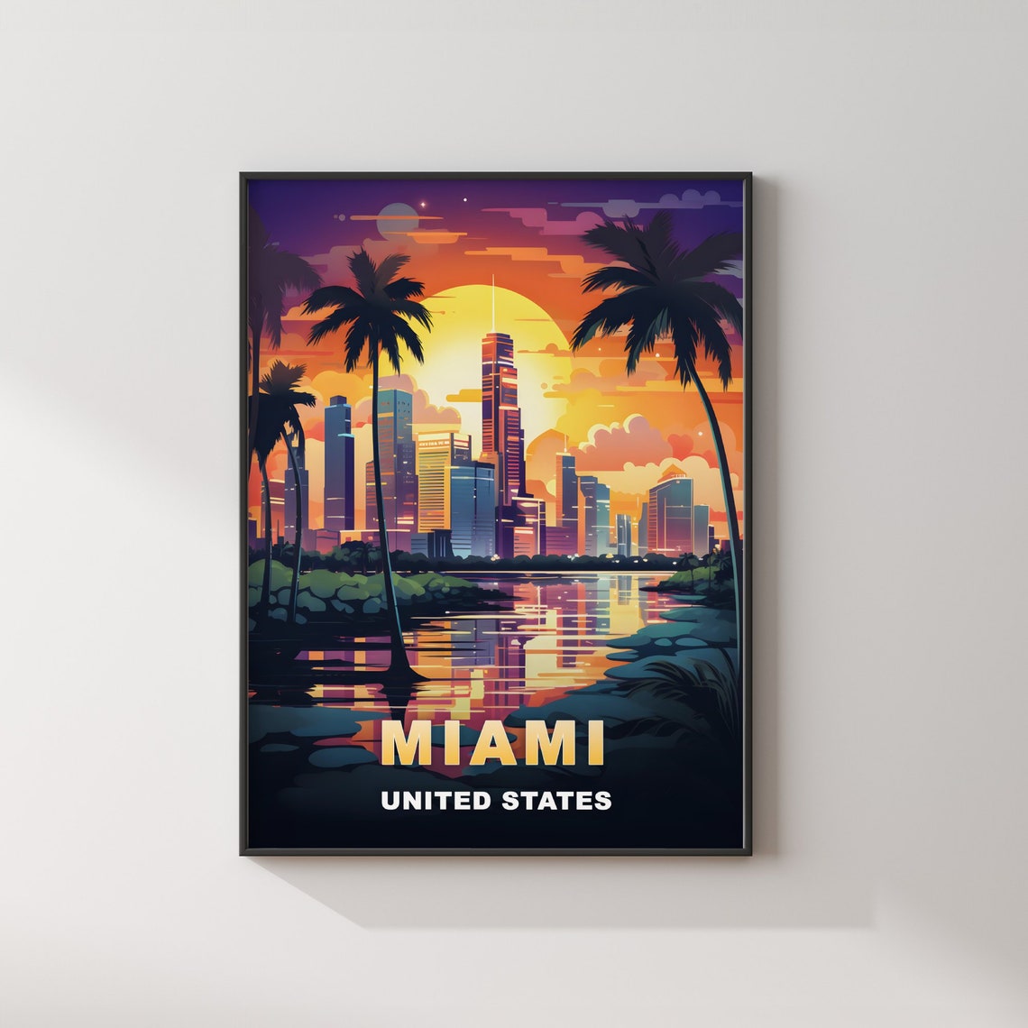 Miami Florida Skyline Sunset Palm Trees Waterfront Travel Poster - Image 2