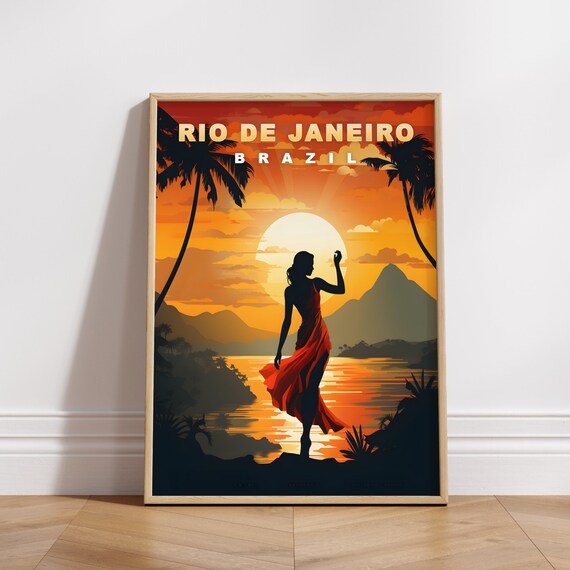 Rio de Janeiro Brazil Red Dress Sunset Bay Silhouette Travel Poster