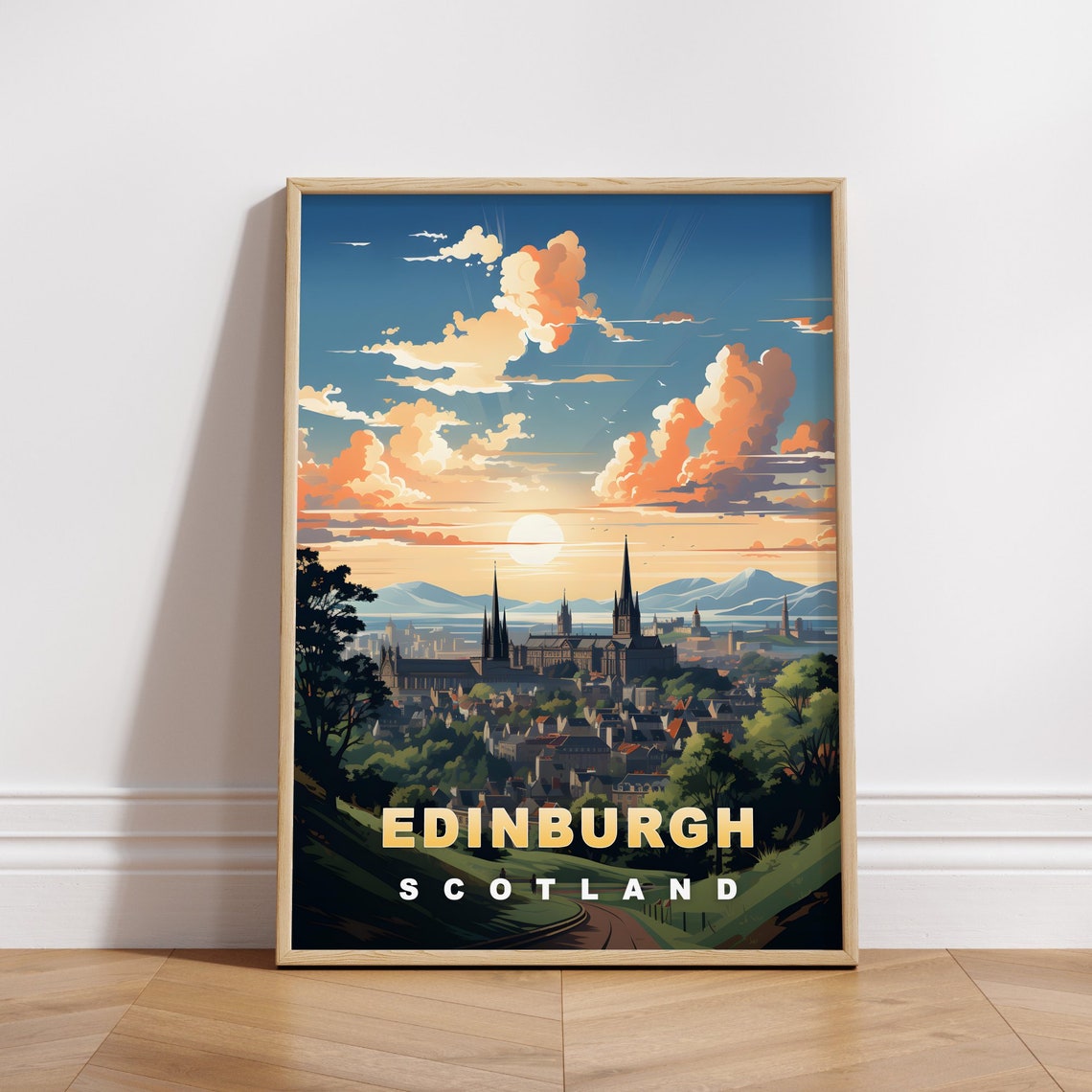 Edinburgh Scotland Retro Travel Poster Sunset Castle Skyline View